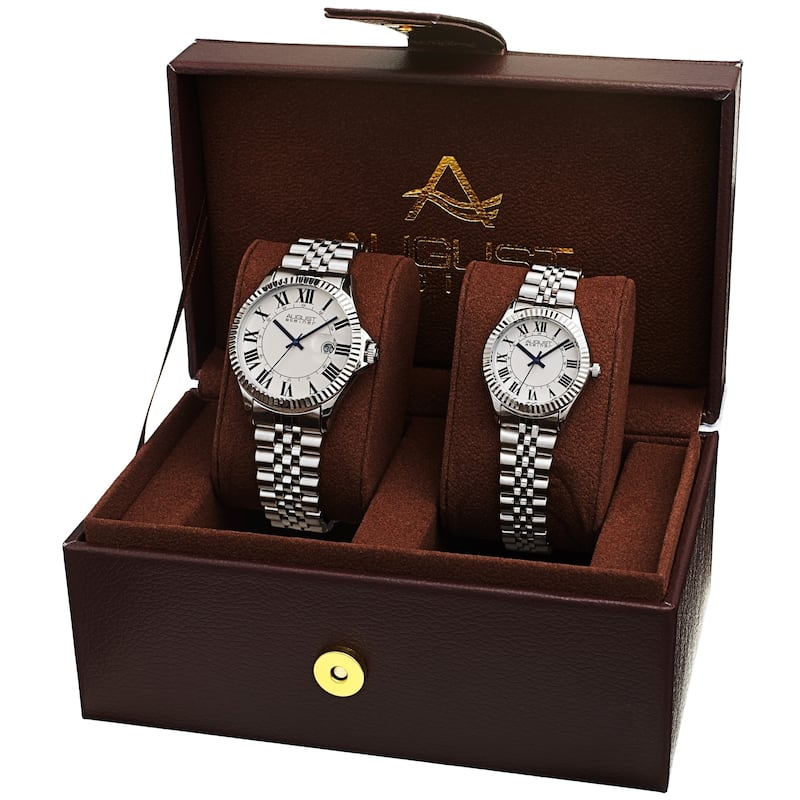 August Steiner His and Hers Swiss Quartz Stainless Steel Bracelet Watch Set - Silver
