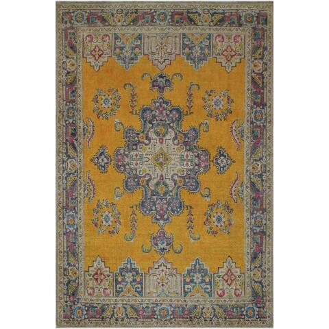 Vintage Distressed Roxane Gold/Blue Hand-knotted Wool Rug - 9'10 x 12'7 - 9'10" x 12'7" - 9'10" x 12'7"