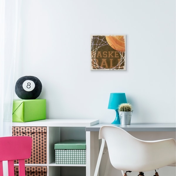 The Kids Room by Stupell Basketball Hoop Sports Word Design Wood Wall Art,12x12, Proudly Made in USA