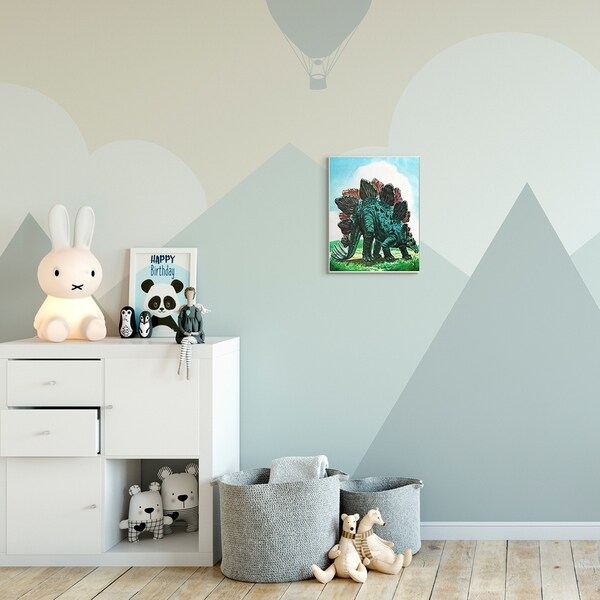 The Kids Room by Stupell Dinosaur Field Green Blue Kids Nursery Painting Wood Wall Art, Proudly Made in USA