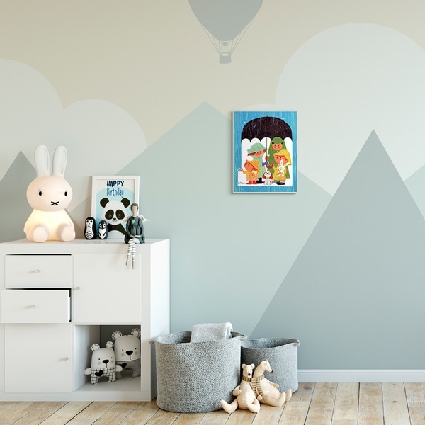 The Kids Room by Stupell Rainy Day Family Cartoon Blue Green Kids Nursery Painting Wood Wall Art, Proudly Made in USA