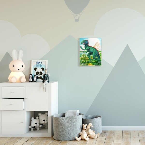 The Kids Room by Stupell Dinosaur Field Red Green Kids Nursery Painting Wood Wall Art, Proudly Made in USA