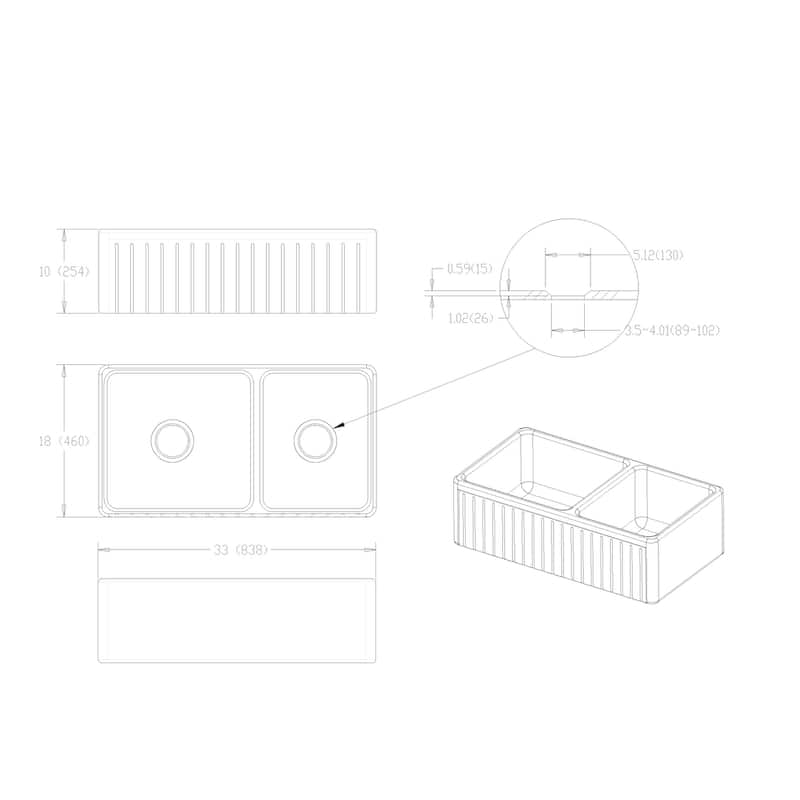 Sutton Place Fireclay 33" L x 18" W Double Basin Farmhouse Kitchen Sink In White