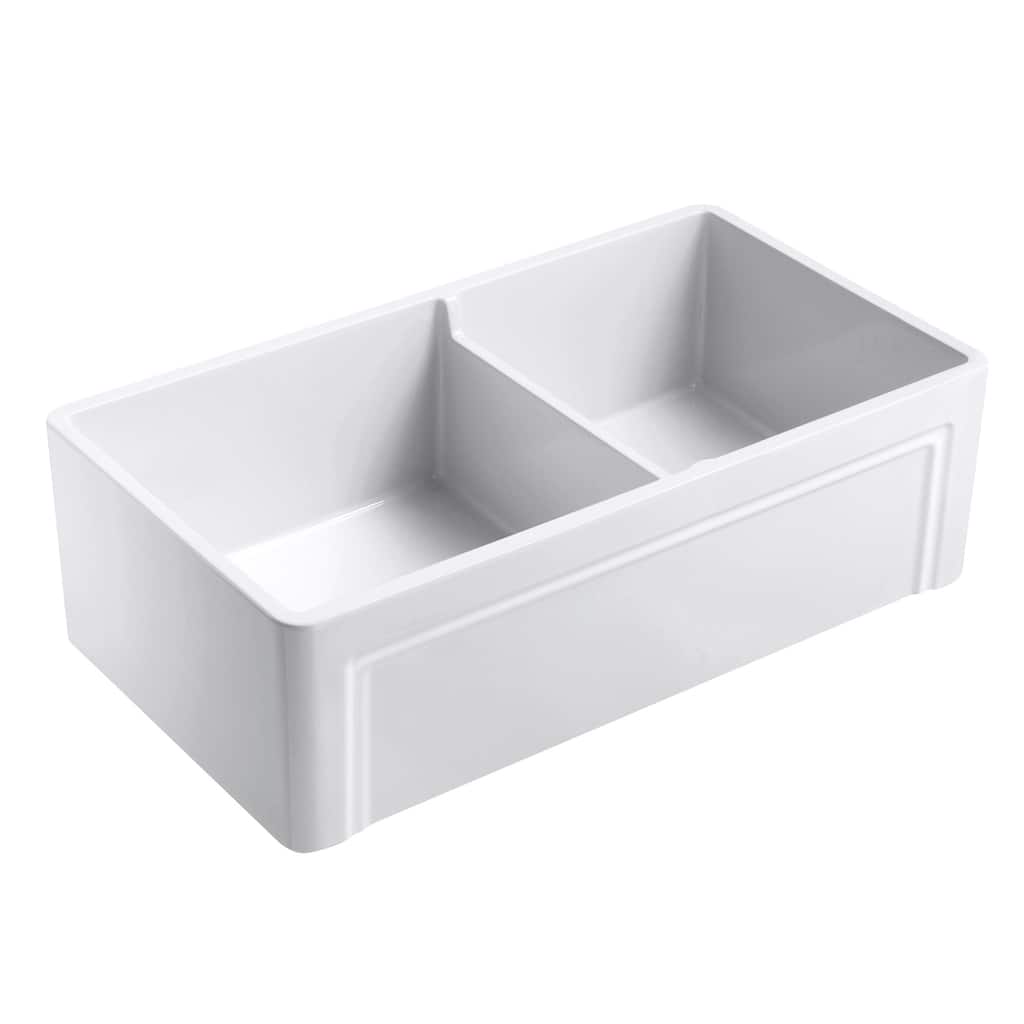 Olde London Fireclay 33" L x 18" W Double Basin Farmhouse Kitchen Sink In White