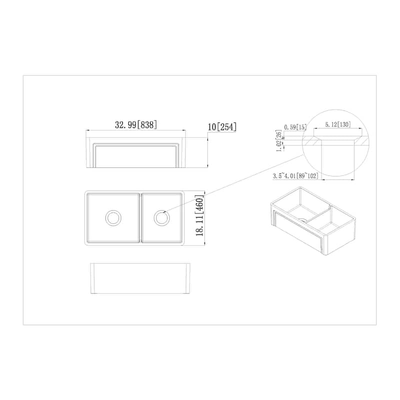 Olde London Fireclay 33" L x 18" W Double Basin Farmhouse Kitchen Sink In White