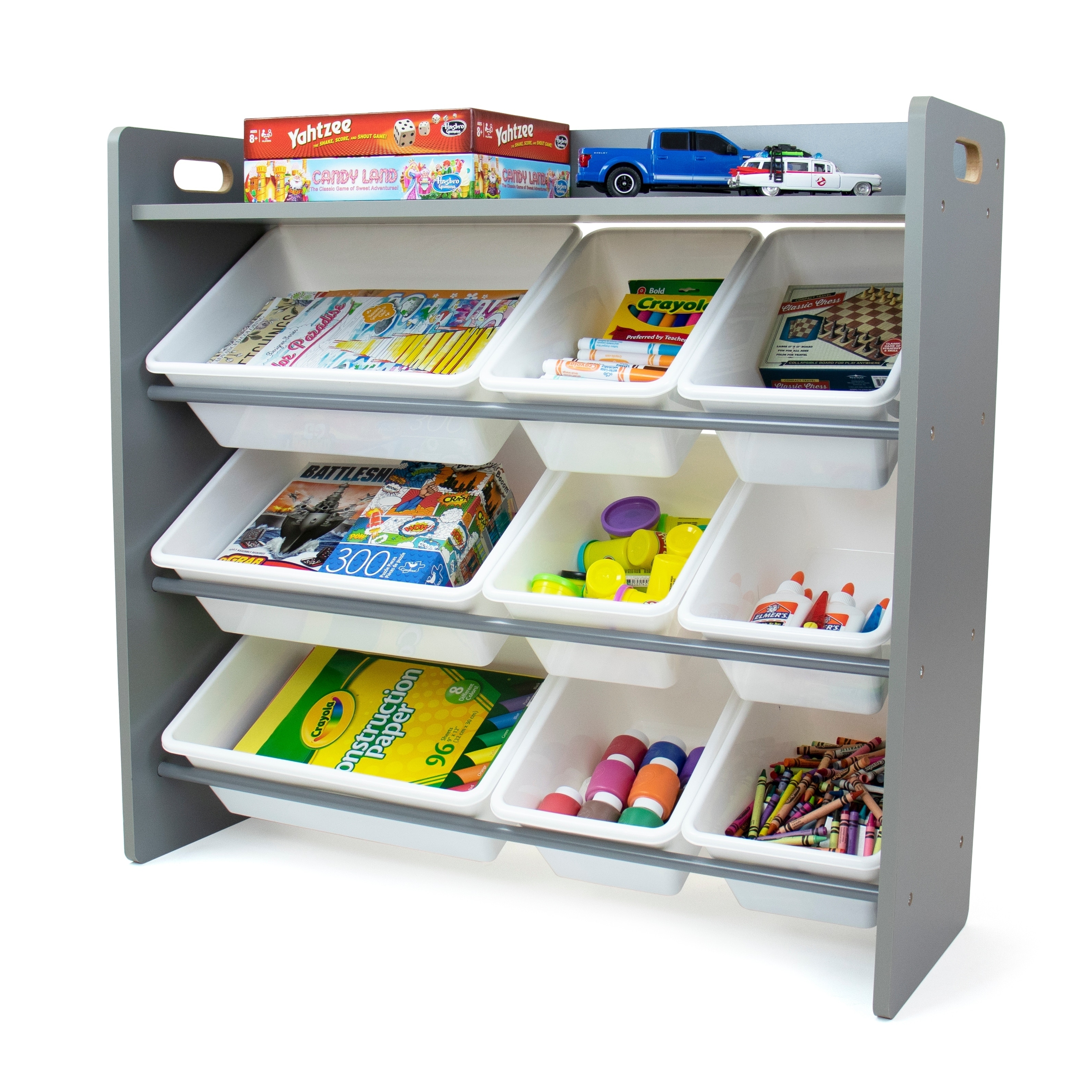 toy storage shelf with bins