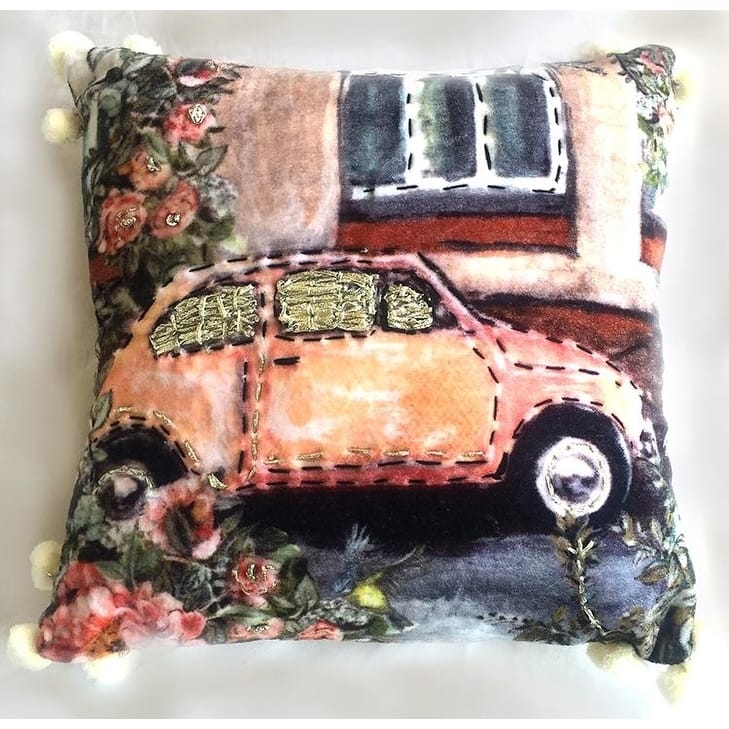Throw Pillow Cover Embroidered Vintage Car
