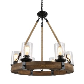 Farmhouse 6-lights Wooden Chandelier Lighting for Kitchen Island - D25"x H 28" (D25"x H 28") - Chandeliers For Bedrooms by Overstock.com