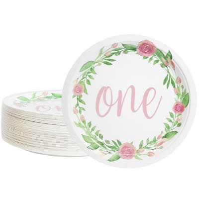 80-Count Disposable Paper Plates, 1st Birthday Party Supplies, Floral Design, 9"