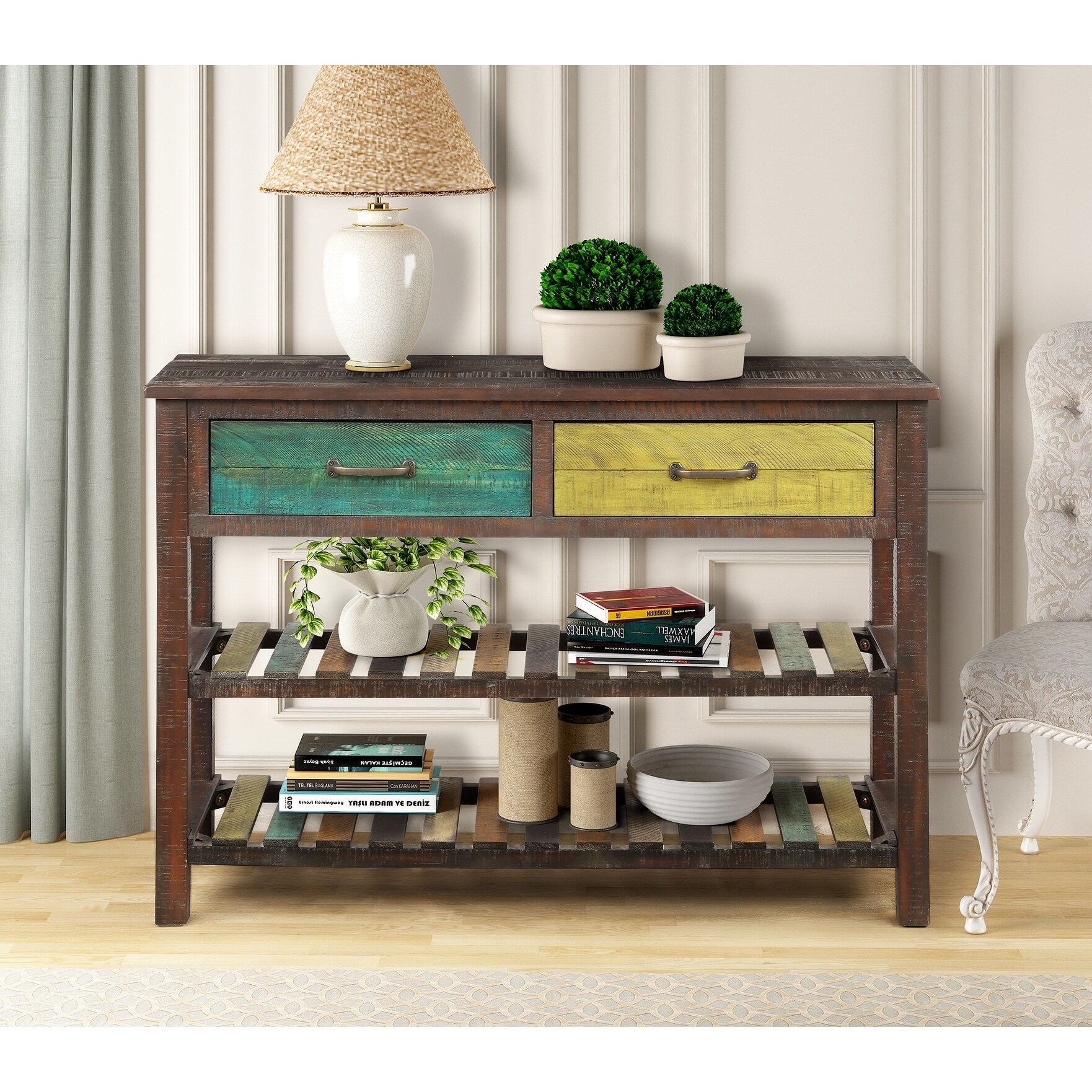 The Curated Nomad Keisa Retro Console Table With Drawers And Shelves
