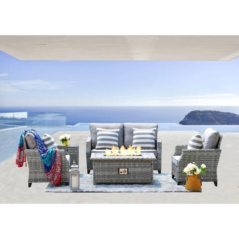5 Pieces Wicker Sofa Set with Gas Fire Pit Table by Moda Furnishings