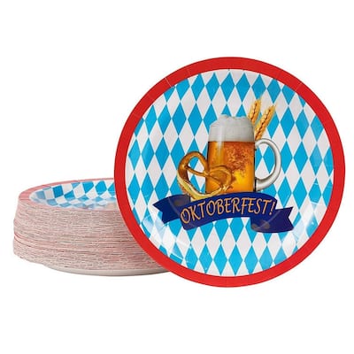 80-Pack Disposable Paper Plates, Oktoberfest Theme Design, 9 Inches