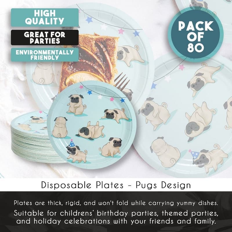 80-Pack Disposable Paper Plates, Cute Pugs Party Supplies For Dinner Lunch, 9"