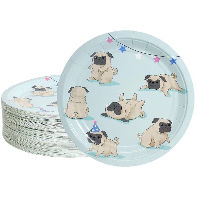 80-Pack Disposable Paper Plates, Cute Pugs Party Supplies For Dinner Lunch, 9"