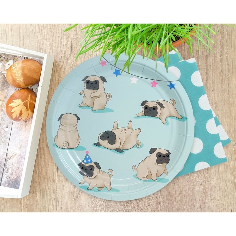 80-Pack Disposable Paper Plates, Cute Pugs Party Supplies For Dinner Lunch, 9"