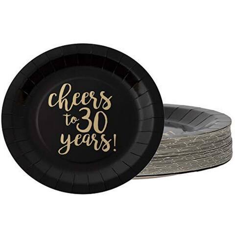 48x Disposable Gold Foil 30th Birthday Paper Plates Cheers to 30 Years Black, 9"