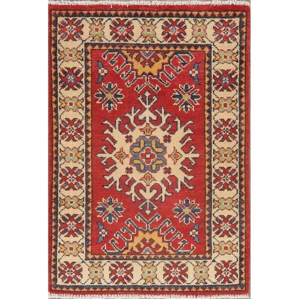 Geometric Hand Knotted Carpet Super Kazak Bordered Oriental Area Rug - 2'10" X 2'1"