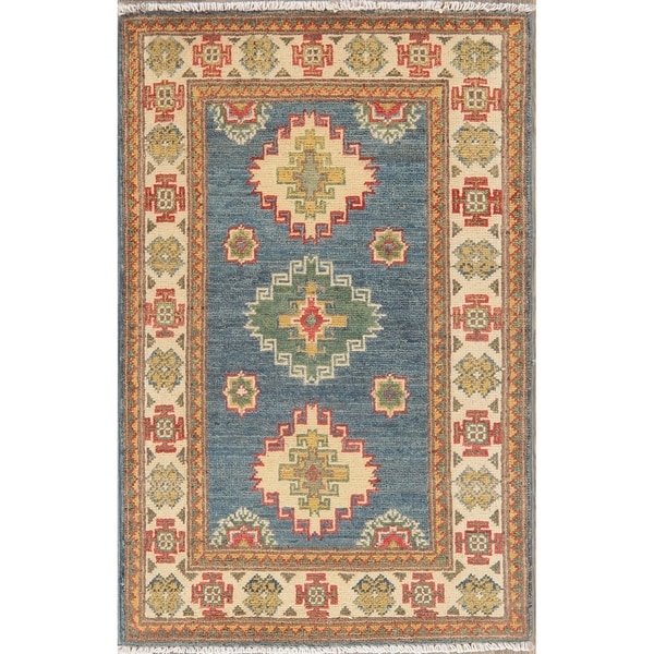 Geometric Bordered Hand Knotted Carpet Super Kazak Oriental Area Rug - 3'2" X 2'0"