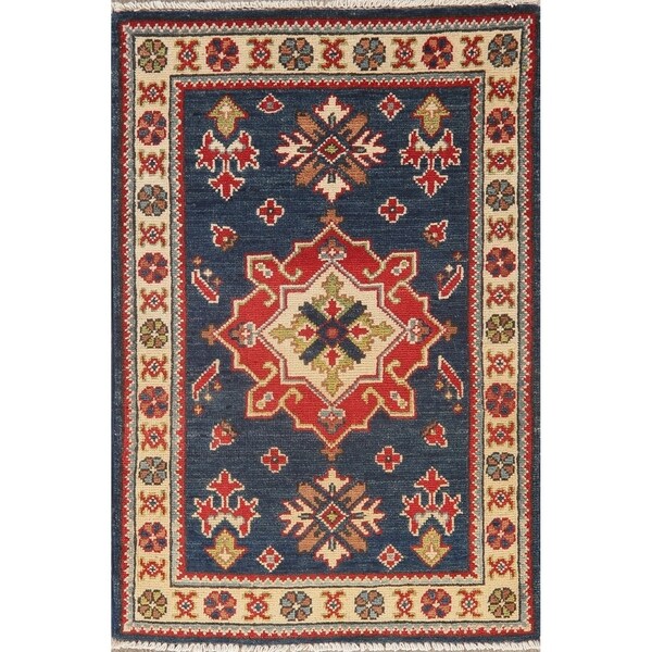 Bordered Hand Knotted Carpet Geometric Kazak-Chechen Oriental Area Rug - 3'2" X 2'2"