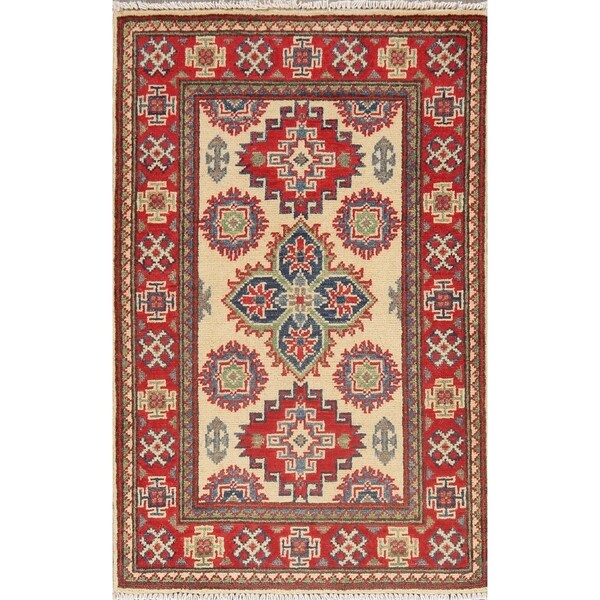 Bordered Hand Knotted Carpet Super Kazak Oriental Geometric Area Rug - 3'1" X 2'0"