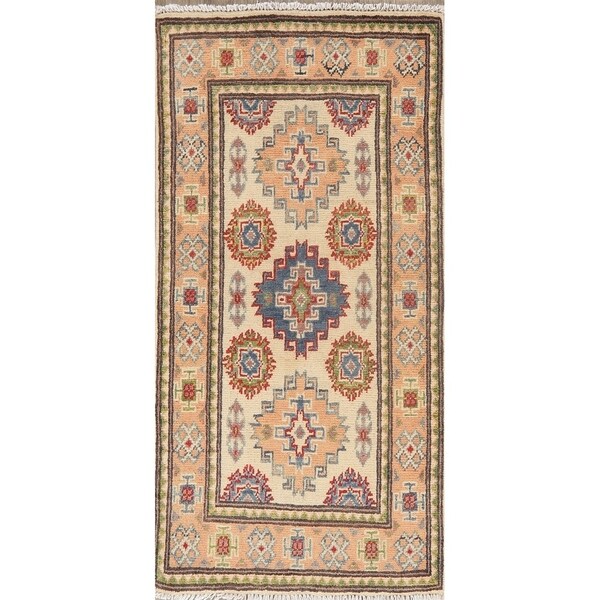 Super Kazak Bordered Hand Knotted Carpet Geometric Oriental Area Rug - 3'0" X 2'0"