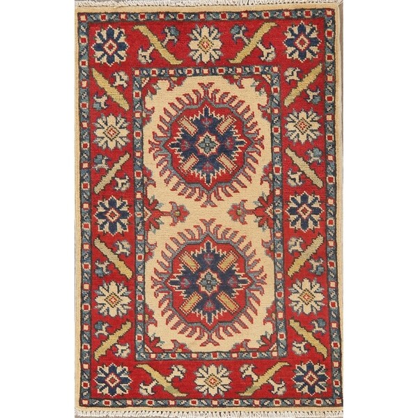 Geometric Bordered Hand Knotted Super Kazak-Chechen Oriental Area Rug - 3'1" X 2'0"