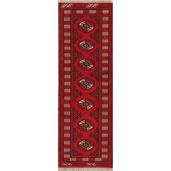 Geometric Hand Knotted Carpet Bordered Bokhara Oriental Runner Rug - 6'4" X 2'1" Runner