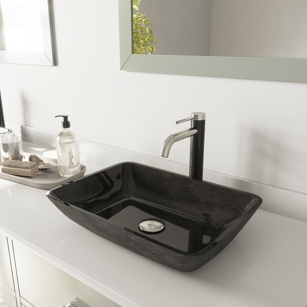 VIGO Gray Onyx Rectangular Glass Vessel Bathroom Sink Set and Lexington cFiber Vessel Faucet