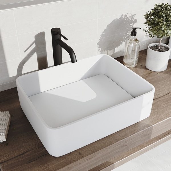 VIGO Jasmine Matte StoneTM Vessel Bathroom Sink and Lexington cFiber Vessel Bathroom Faucet in Matte Black
