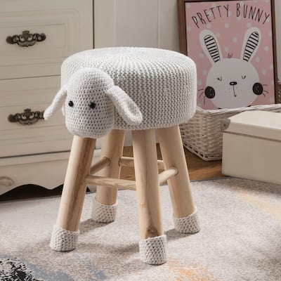 Taylor & Olive Modern Woven White Sheep Ottoman Stool with Wooden Legs