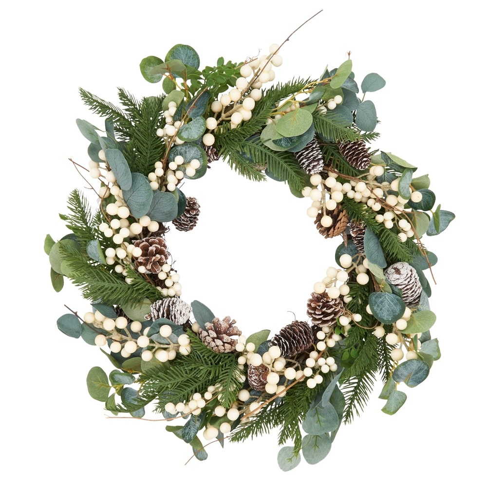 Efavormart 2 Pack | 21 inch Green Artificial Lifelike Boxwood Leaves Spring Wreath for Front Door Decor Boxwood Wreath with Big Berries, Farmhouse