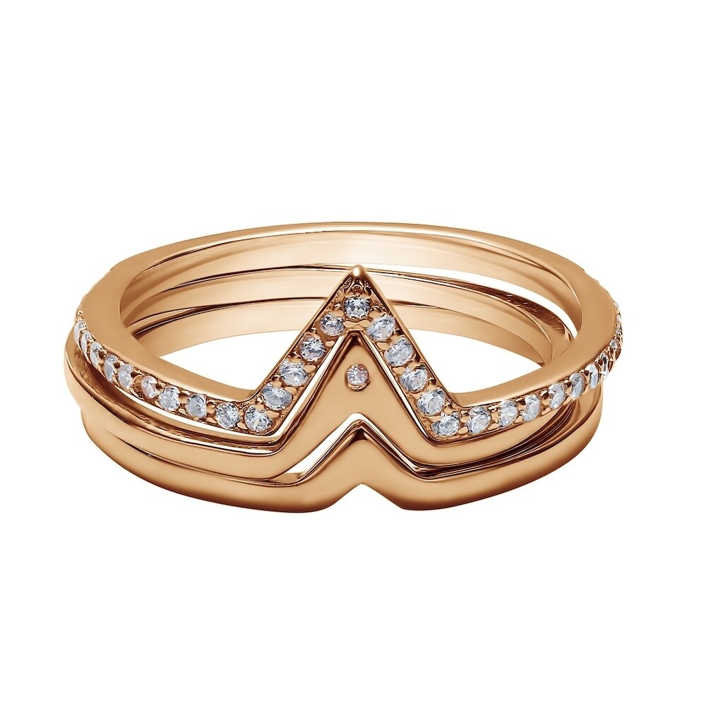 Rose Gold Plated Sterling Silver V Shaped Trio Ring Stack With Cubic Zirconia Chevron Stacking Rings Overstock