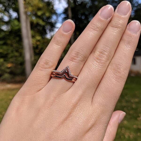 Rose Gold Plated Sterling Silver V Shaped Trio Ring Stack With Cubic Zirconia Chevron Stacking Rings Overstock