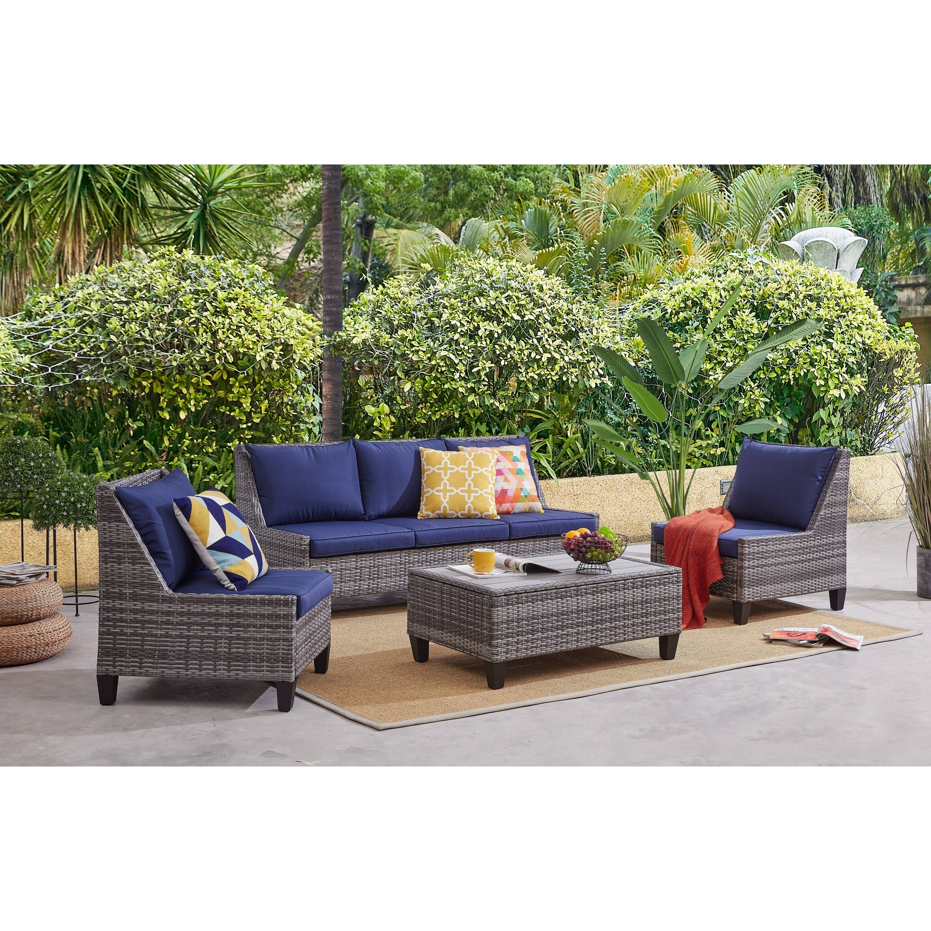 Shop Black Friday Deals On Isla 4 Piece Conversation Set Gray Wicker With Navy Cushions Overstock 29746417