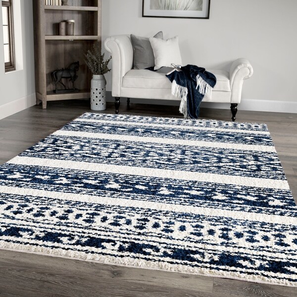 Palmetto Living Jennifer Adams Cotton Tail Tribal Stripe Navy Area Rug - 5'3" x 7'6"