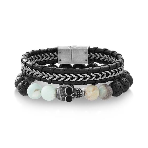 Oxidized Steel Two Tone Skull Head On Lava And Amazonite Bead Bracelet And Black Leather Men S Bracelet Two Bracelet Set On Sale Overstock Oxidized Steel Two Tone Skull Head On Lava And Amazonite Bead Bracelet And Black Leather Men S Bracelet Two Bracelet Set On Sale Overstock