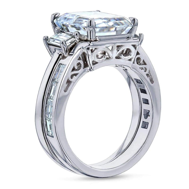 Annello by Kobelli Echo 14k White Gold 5.90 Carats TGW 3-Stone Emerald Moissanite and Baguette Diamond Bridal Rings Set.
