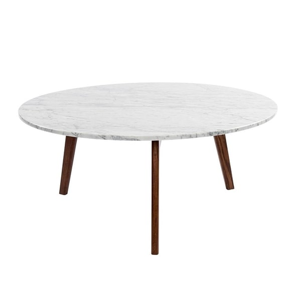 Stella 31 Round Italian Carrara White Marble Coffee Table with Legs Walnut