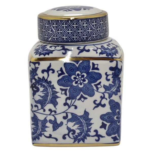 Ceramic B&w Jar W/gold in Blue Porcelain 6in L x 6in W x 8in H
