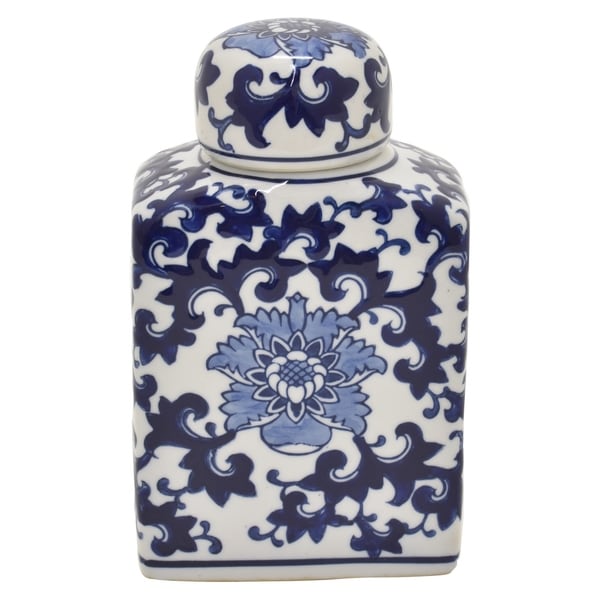 Three Hands Ceramic B & W Jar in Blue Porcelain 5in L x 3in W x 9in H