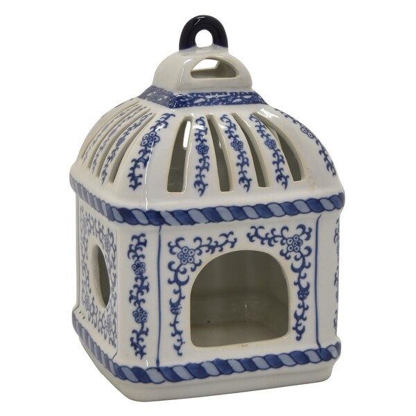 Ceramic B&w Bird Cage in Blue Porcelain 6in L x 6in W x 9in H