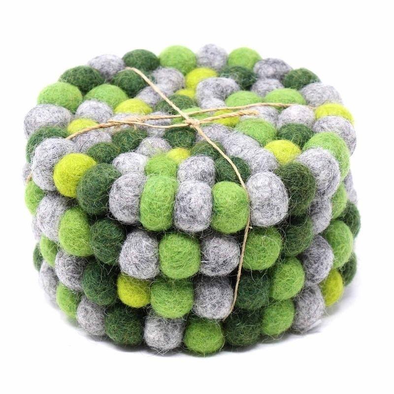 The Curated Nomad Southard Handmade Chakra Color Felt Ball Coasters (Set of 4) - N/A - Green