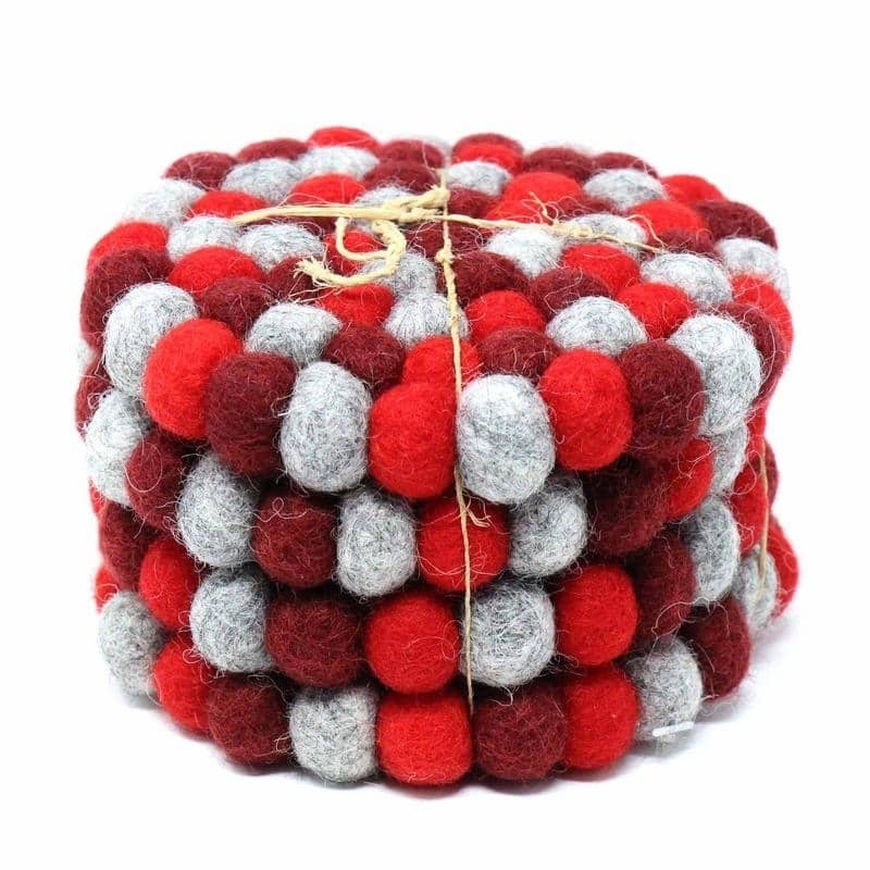 The Curated Nomad Southard Handmade Chakra Color Felt Ball Coasters (Set of 4) - N/A - Red