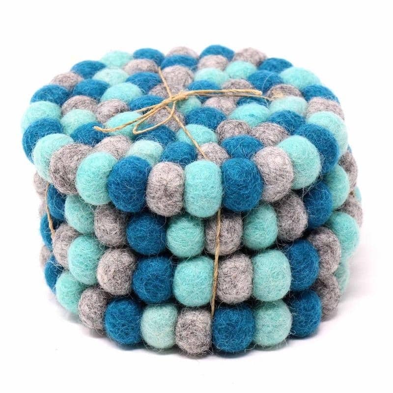 The Curated Nomad Southard Handmade Chakra Color Felt Ball Coasters (Set of 4) - N/A - Light Blue