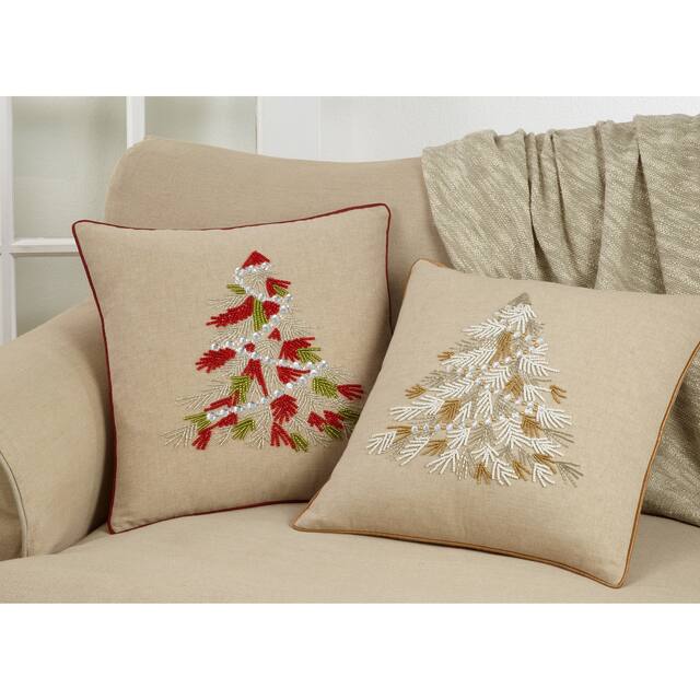 Throw Pillow with Beaded Christmas Tree Design