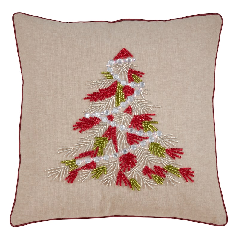 Throw Pillow With Beaded Christmas Tree Design - Red - Cover Only