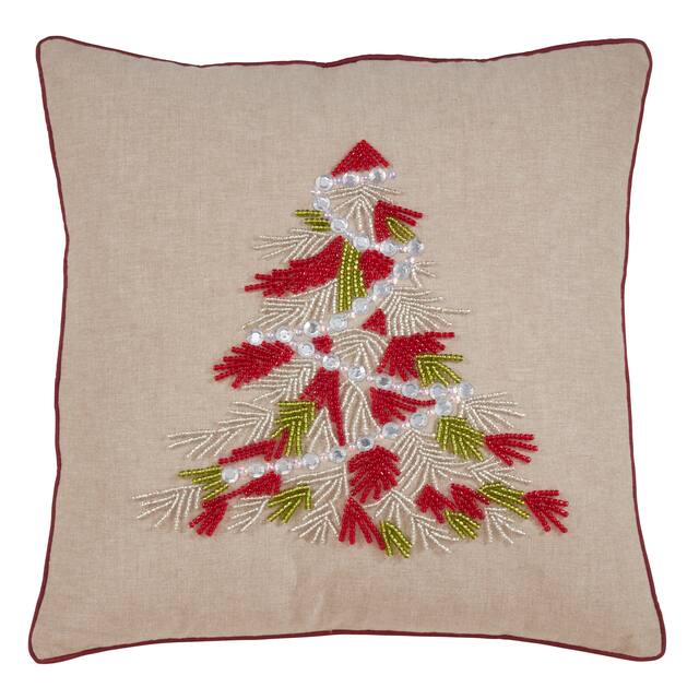 Throw Pillow with Beaded Christmas Tree Design - Red - Cover Only