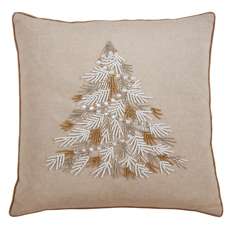 Throw Pillow With Beaded Christmas Tree Design - Gold - Cover Only