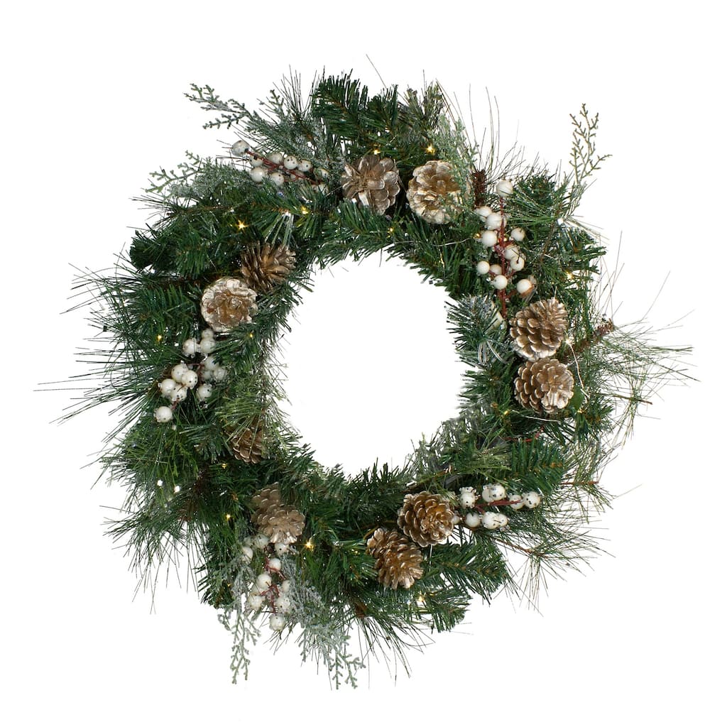 LED Champagne Gold Pine Cone and Berry Mixed Pine Wreath - 22-Inch Unlit