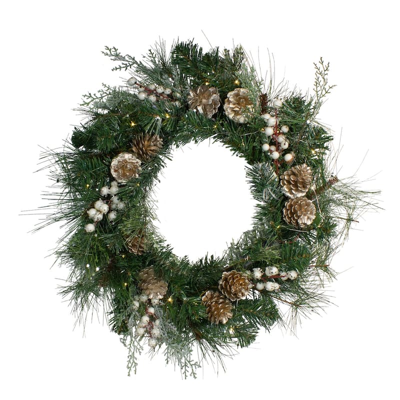 LED Champagne Gold Pine Cone and Berry Mixed Pine Wreath - 22-Inch Unlit
